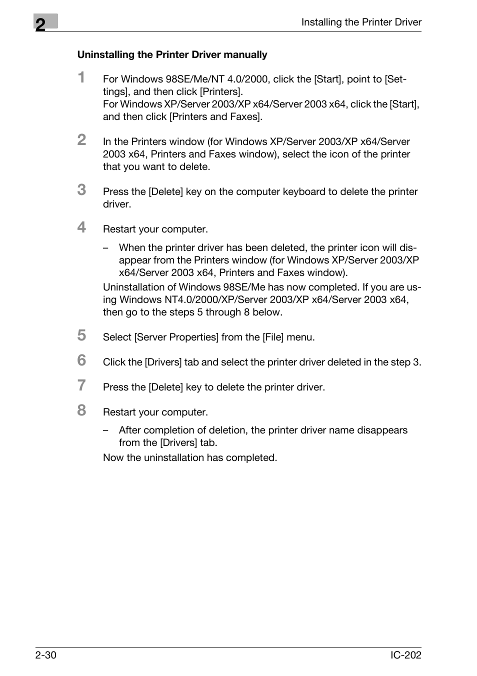 Uninstalling the printer driver manually -30 | Konica Minolta IC-202 User Manual | Page 59 / 134