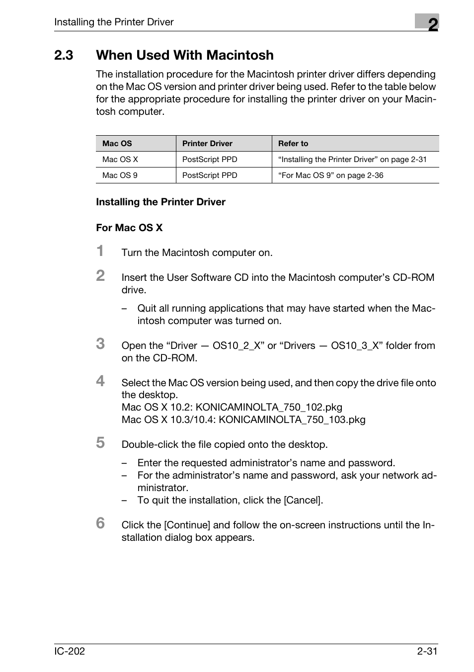 3 when used with macintosh, When used with macintosh -31, Installing the printer driver -31 for mac os x -31 | Konica Minolta IC-202 User Manual | Page 60 / 134