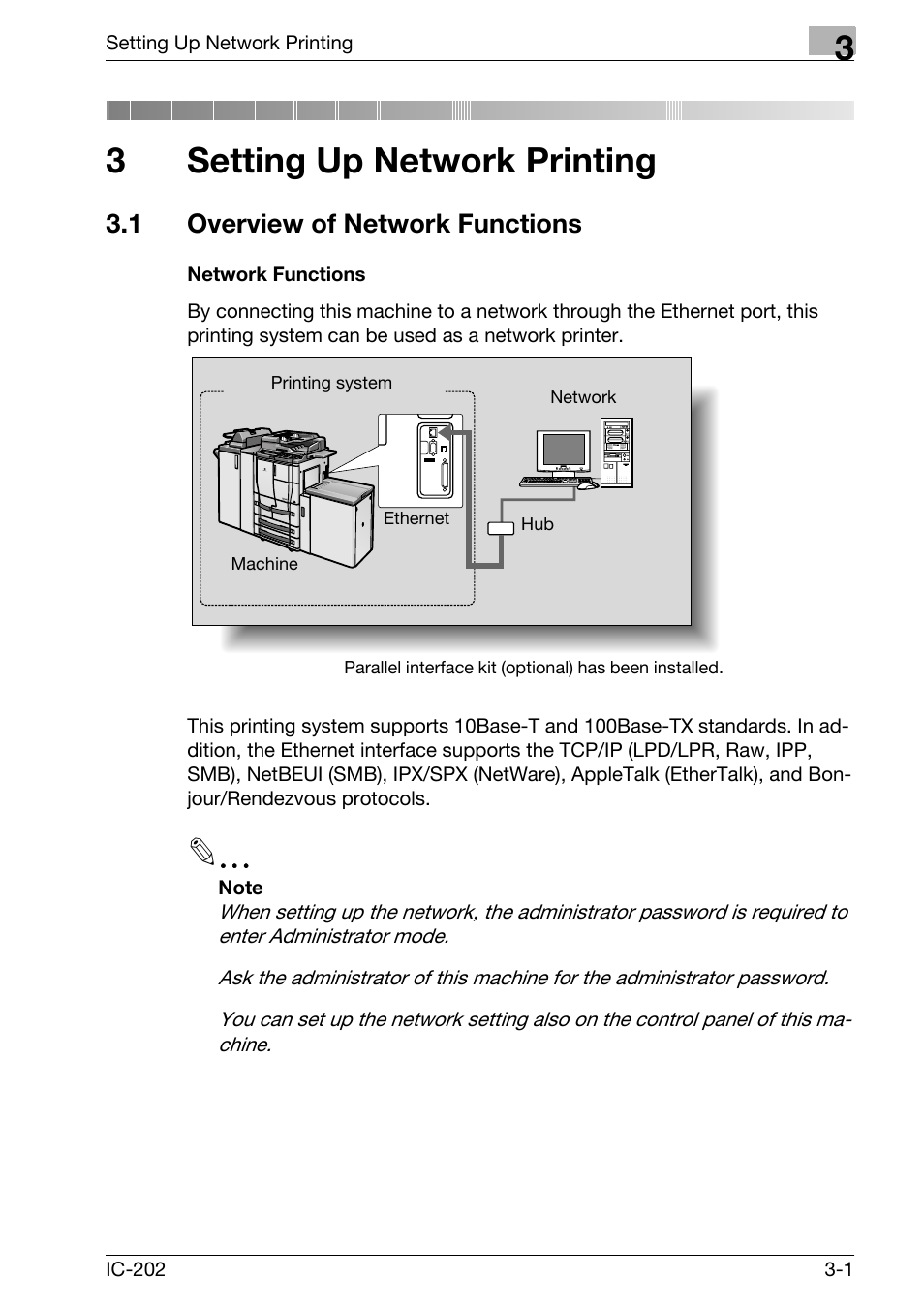 3 setting up network printing, 1 overview of network functions, Setting up network printing | Overview of network functions -1, Network functions -1, 3setting up network printing | Konica Minolta IC-202 User Manual | Page 70 / 134