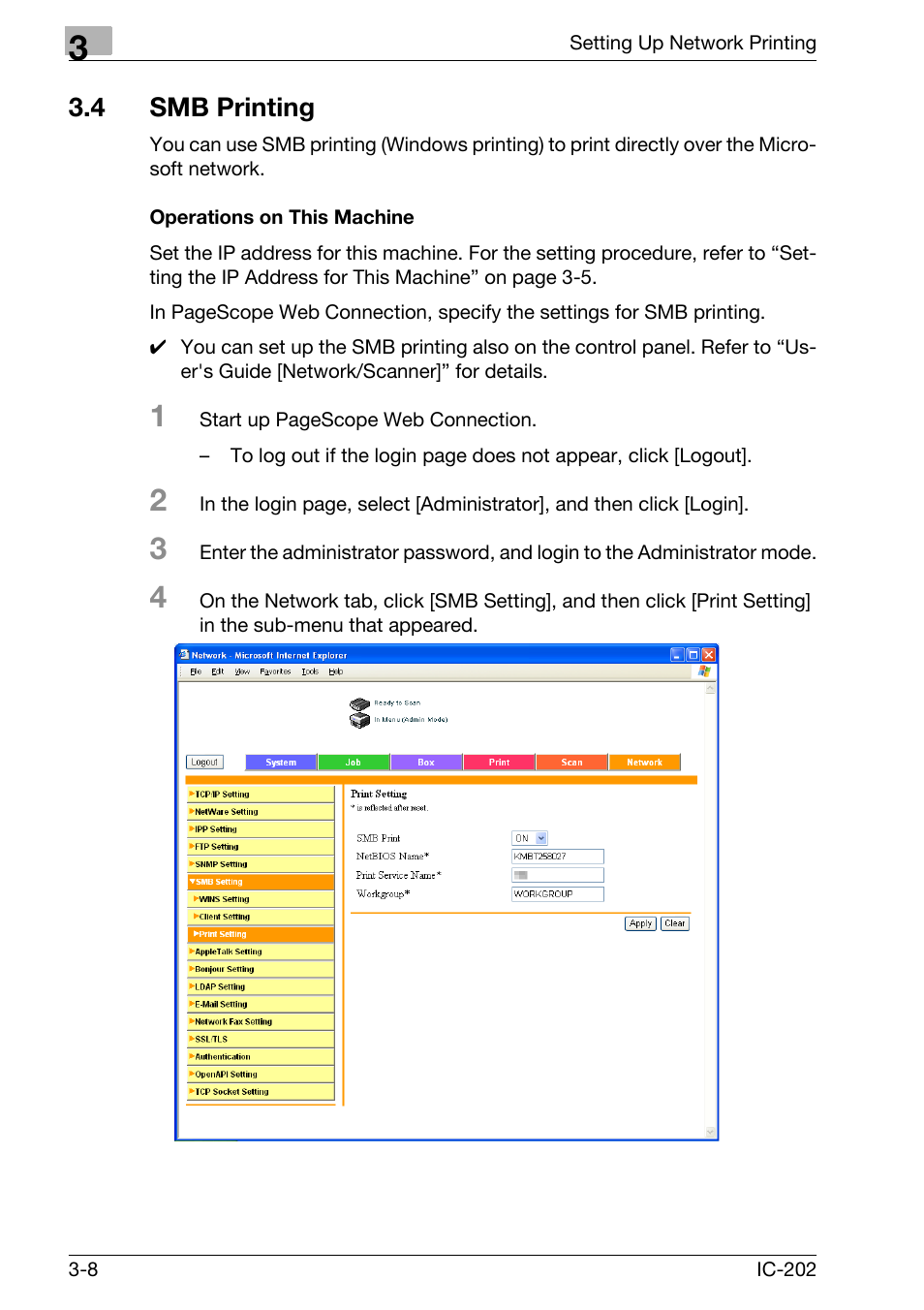 4 smb printing, Smb printing -8, Operations on this machine -8 | Konica Minolta IC-202 User Manual | Page 77 / 134