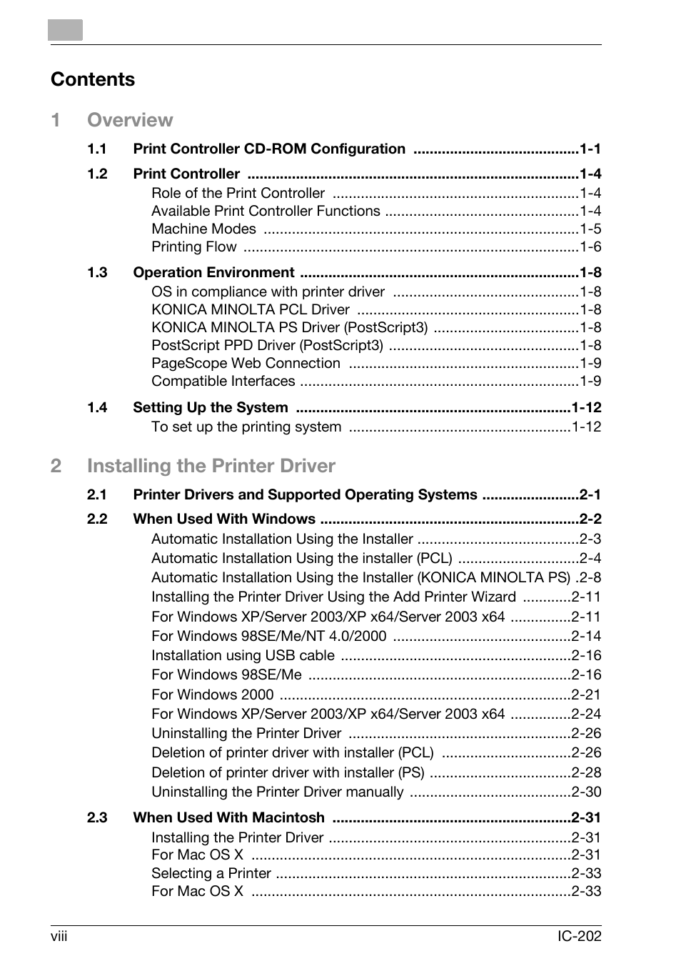 Contents 1 overview, 2installing the printer driver | Konica Minolta IC-202 User Manual | Page 9 / 134