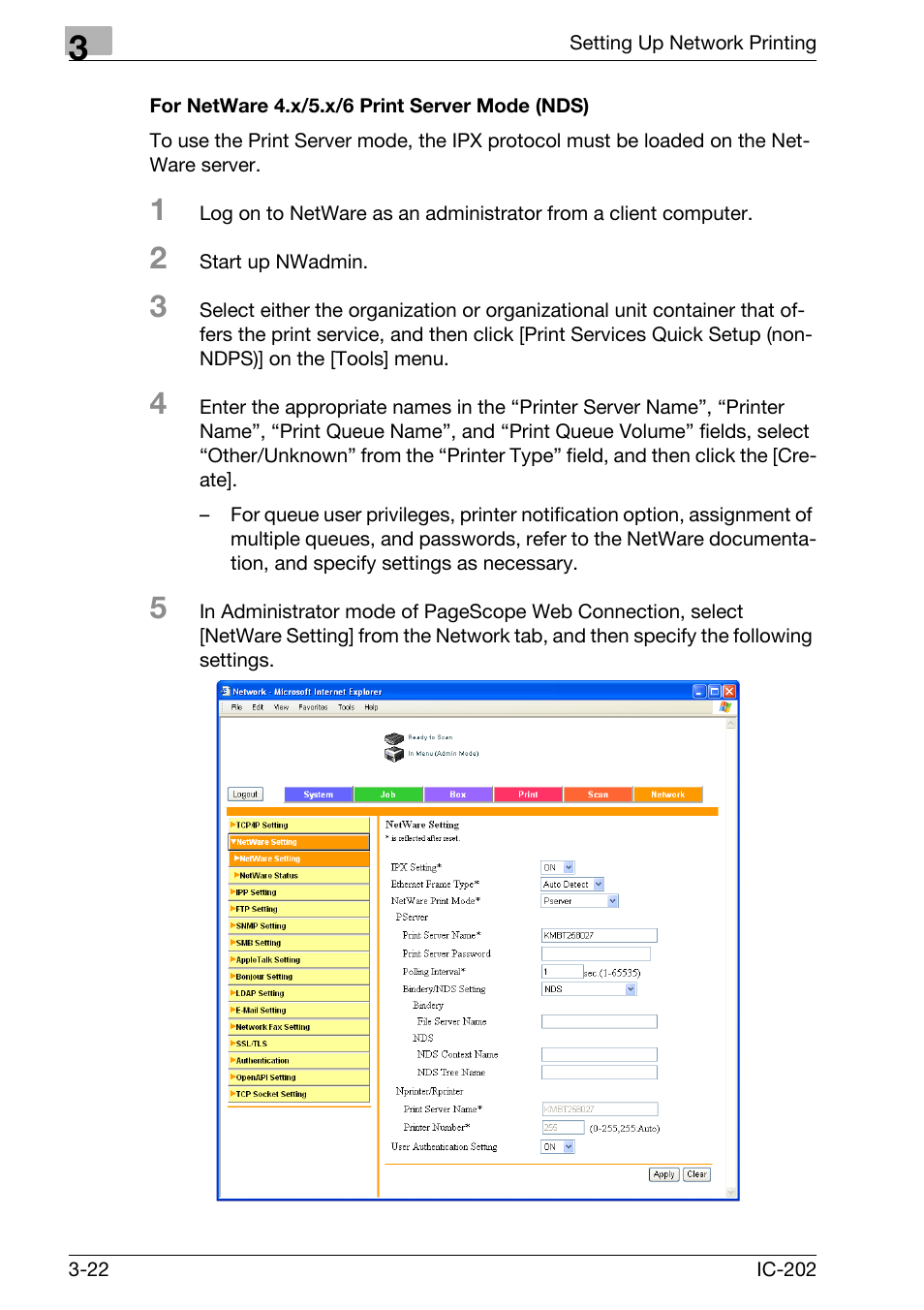 For netware 4.x/5.x/6 print server mode (nds) -22 | Konica Minolta IC-202 User Manual | Page 91 / 134