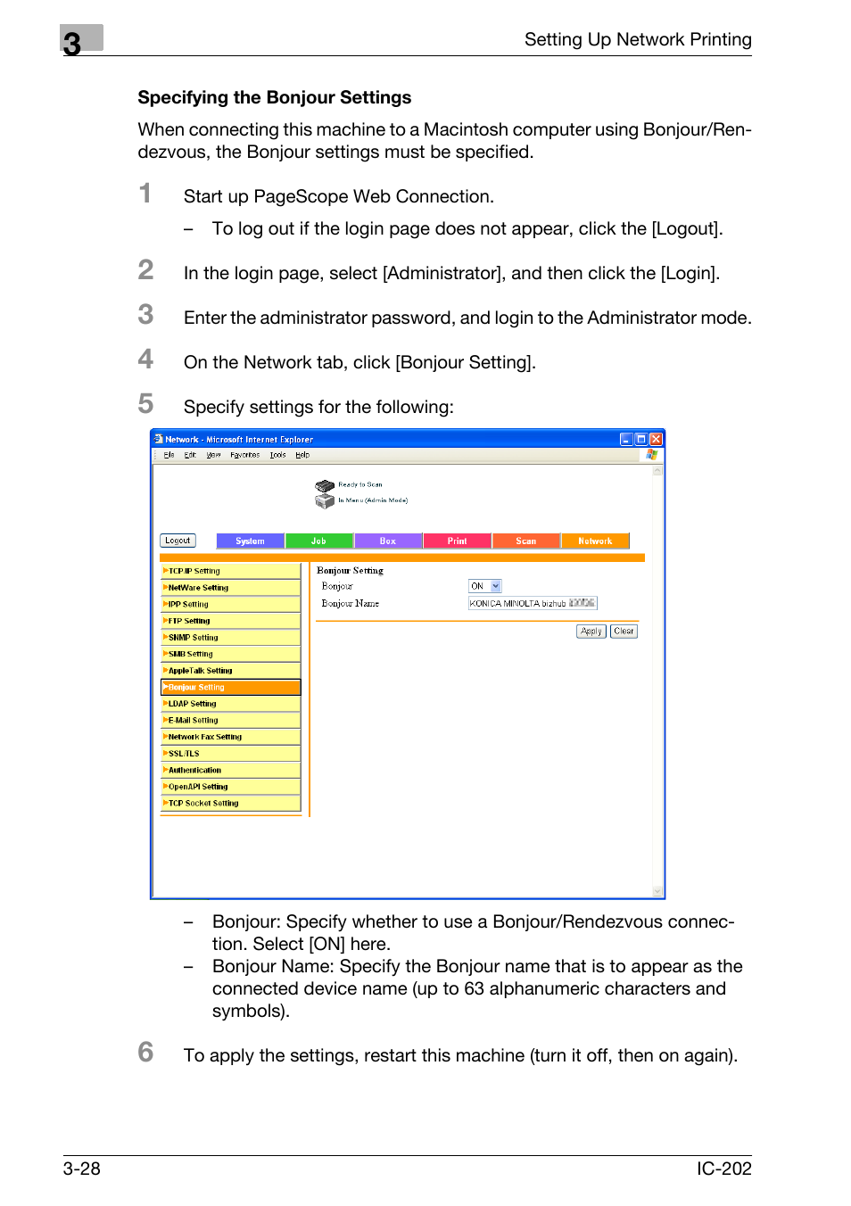 Specifying the bonjour settings -28 | Konica Minolta IC-202 User Manual | Page 97 / 134