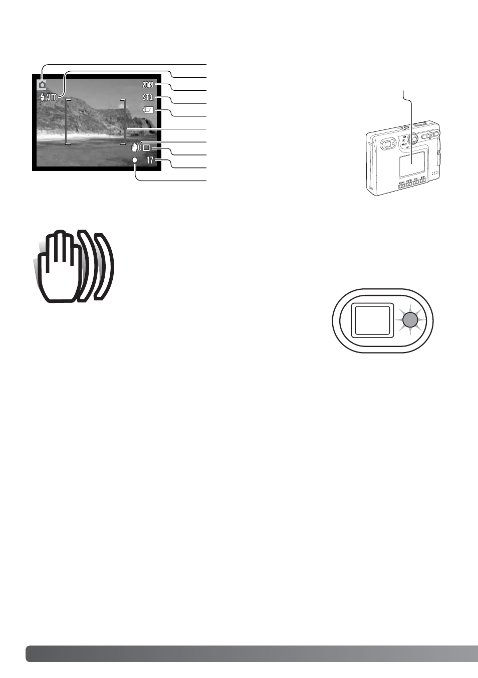 Lcd monitor display - basic camera-shake warning, Lcd monitor display - basic, Camera-shake warning | Konica Minolta DiMAGE Xt User Manual | Page 24 / 112