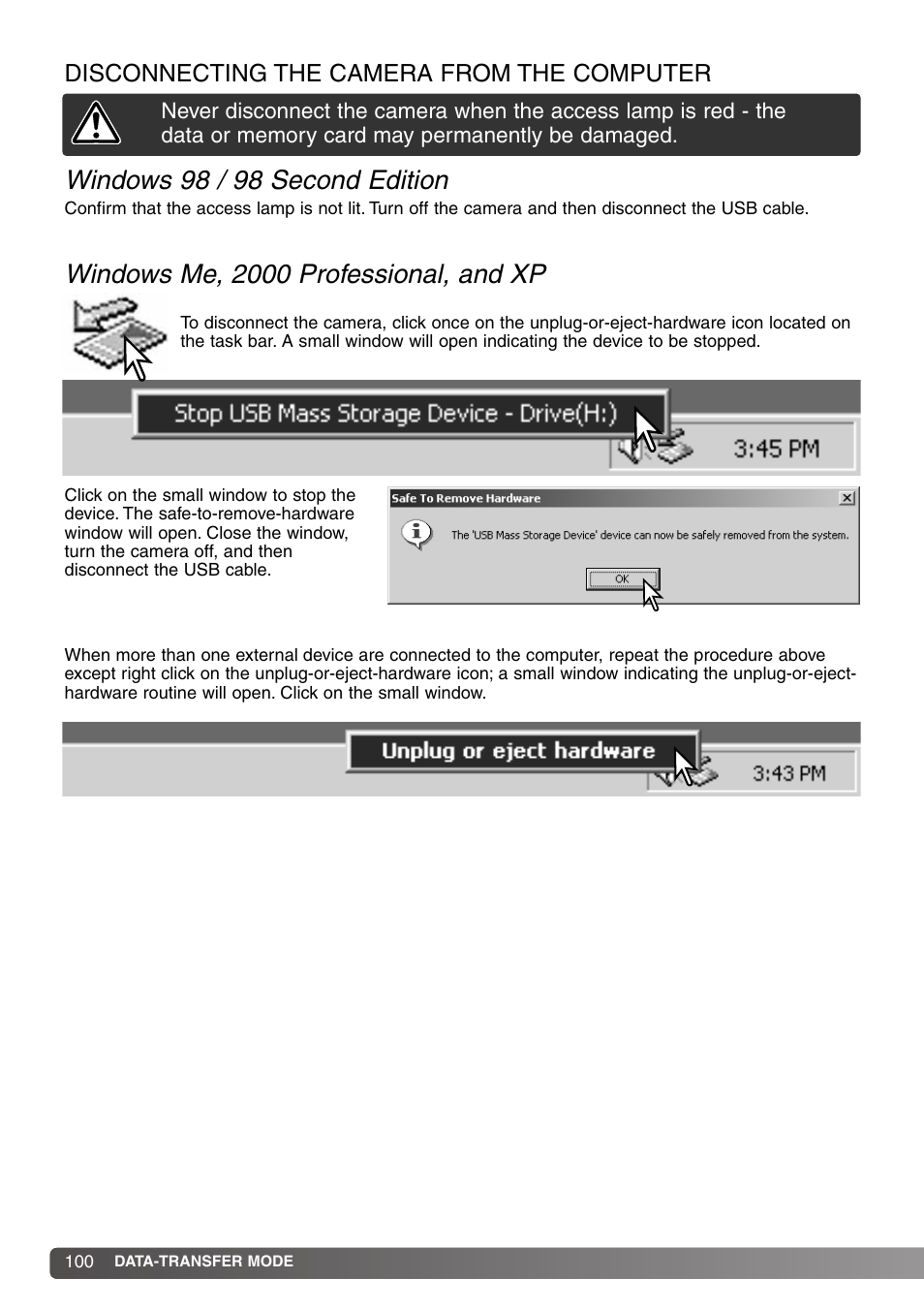 Disconnecting the camera from the computer, Windows me, 2000 professional, and xp, Windows 98 / 98 second edition | Konica Minolta DiMAGE S414 User Manual | Page 100 / 112