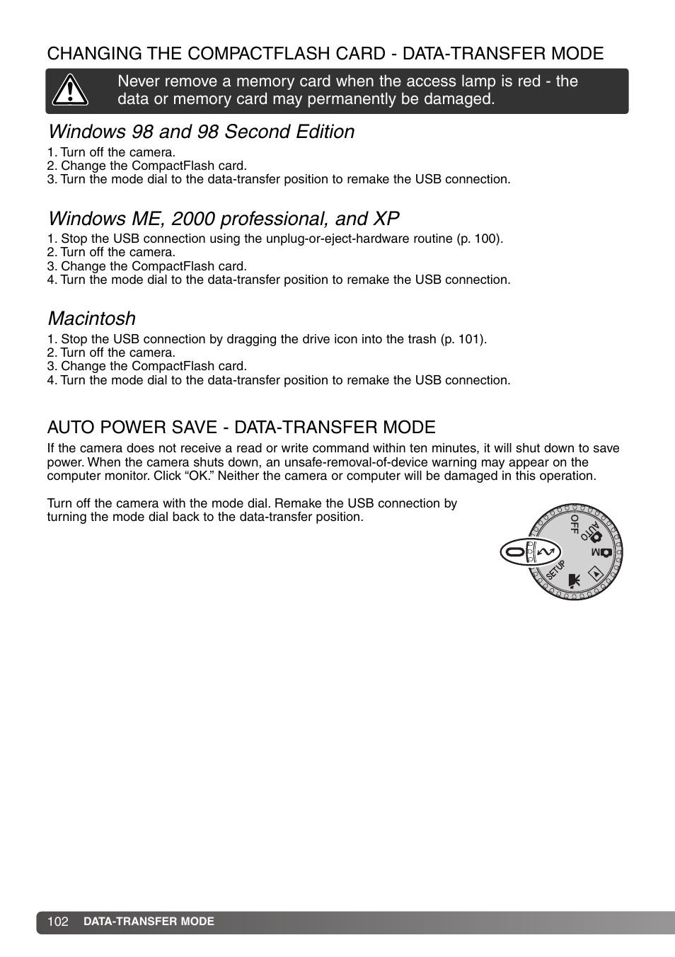 Windows 98 and 98 second edition, Windows me, 2000 professional, and xp macintosh | Konica Minolta DiMAGE S414 User Manual | Page 102 / 112