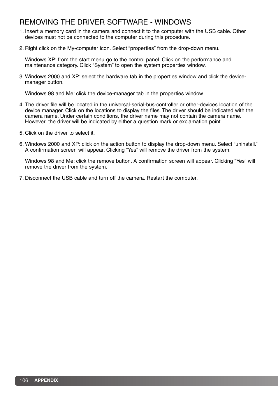 Removing the driver software - windows | Konica Minolta DiMAGE S414 User Manual | Page 106 / 112