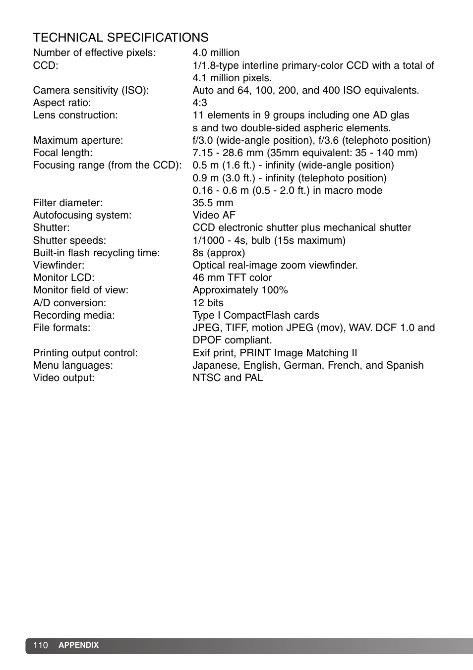 Technical specifications | Konica Minolta DiMAGE S414 User Manual | Page 110 / 112