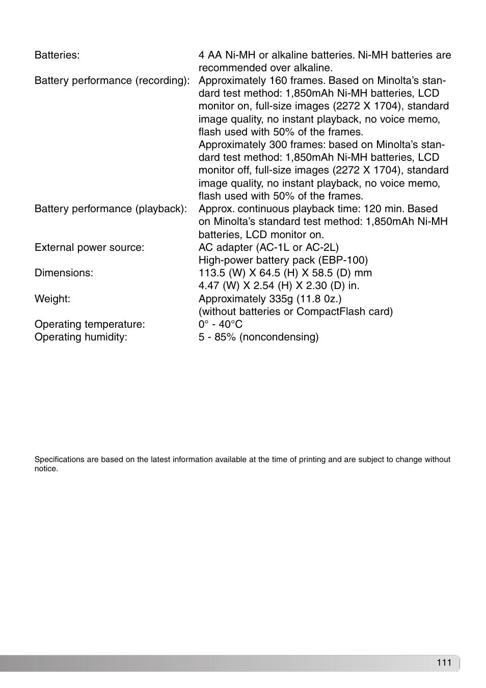 Konica Minolta DiMAGE S414 User Manual | Page 111 / 112