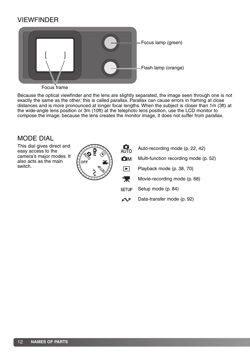 Viewfinder mode dial, Mode dial, Viewfinder | Konica Minolta DiMAGE S414 User Manual | Page 12 / 112