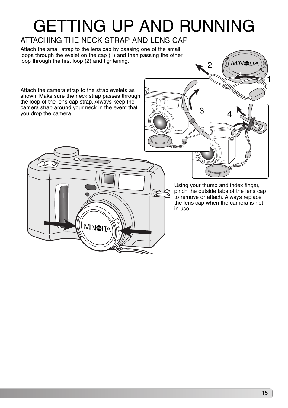 Getting up and running, Attaching the neck strap and lens cap | Konica Minolta DiMAGE S414 User Manual | Page 15 / 112