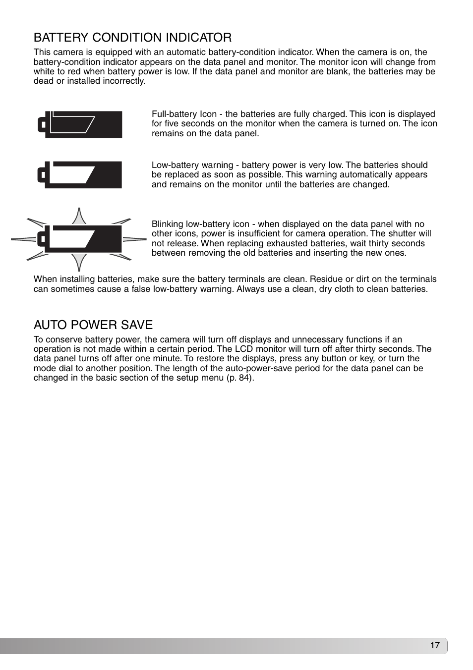 Battery condition indicator auto power save, Battery condition indicator, Auto power save | Konica Minolta DiMAGE S414 User Manual | Page 17 / 112