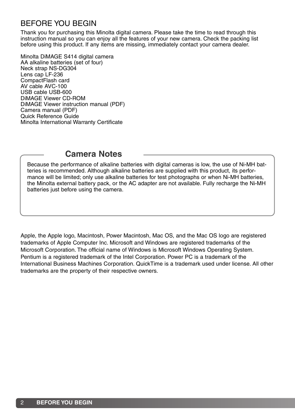 Before you begin | Konica Minolta DiMAGE S414 User Manual | Page 2 / 112
