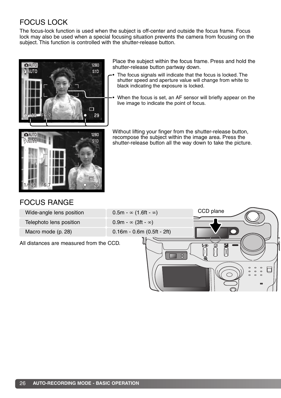 Focus lock focus range, Focus lock, Focus range | Konica Minolta DiMAGE S414 User Manual | Page 26 / 112