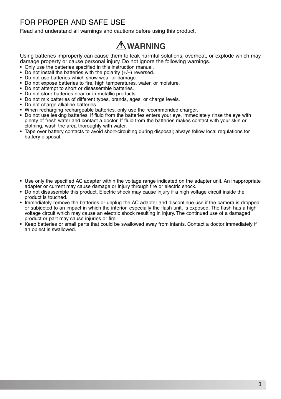 Warning, For proper and safe use | Konica Minolta DiMAGE S414 User Manual | Page 3 / 112