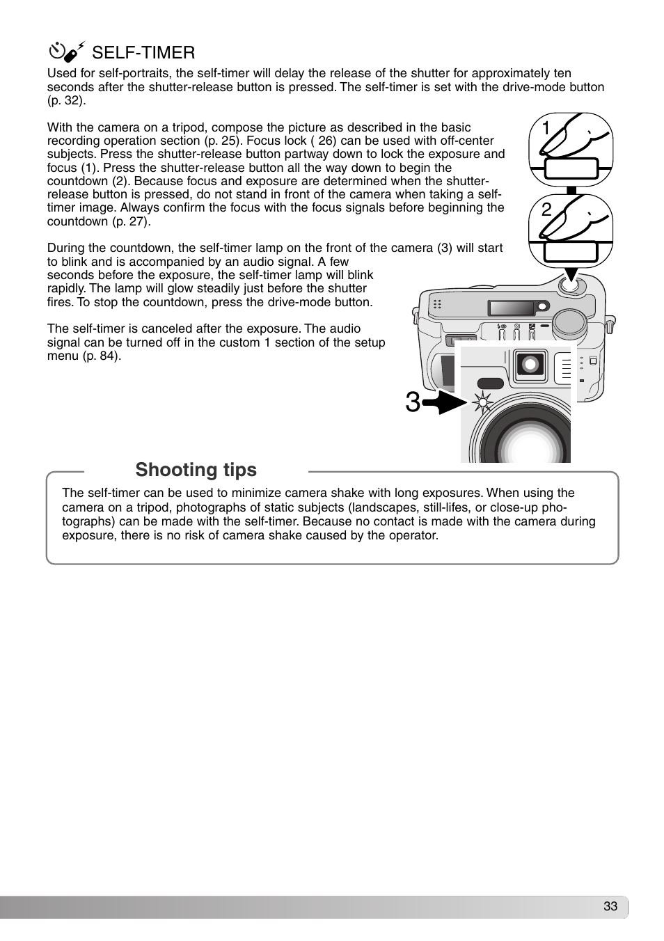 Self-timer, Shooting tips | Konica Minolta DiMAGE S414 User Manual | Page 33 / 112