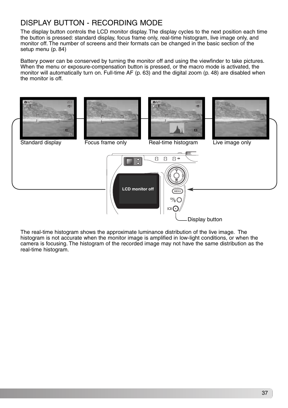 Display button - recording mode | Konica Minolta DiMAGE S414 User Manual | Page 37 / 112