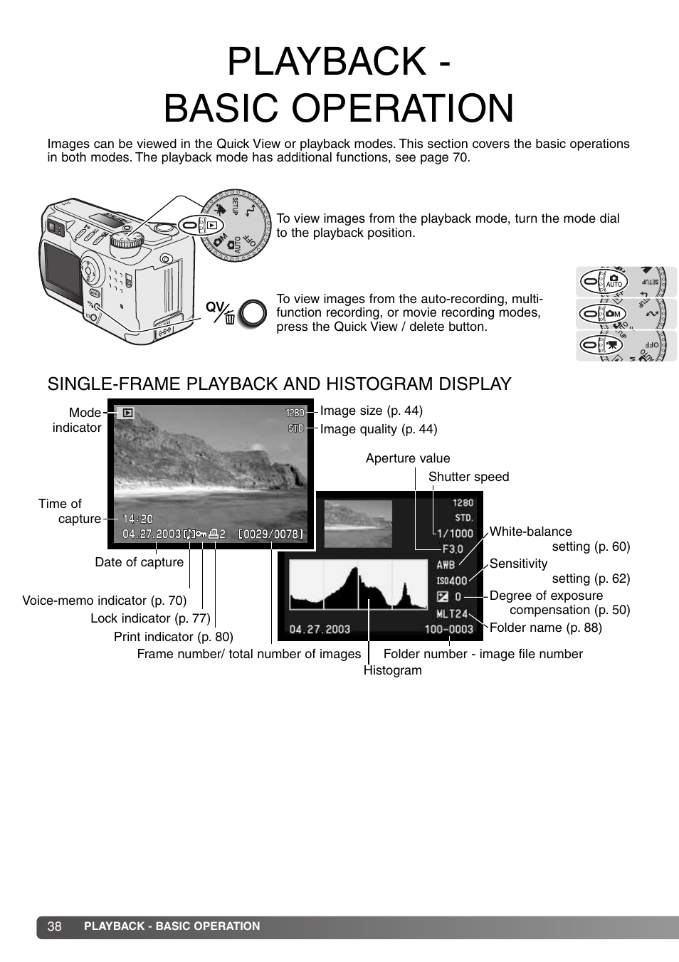 Playback - basic operation, Single-frame playback and histogram display | Konica Minolta DiMAGE S414 User Manual | Page 38 / 112
