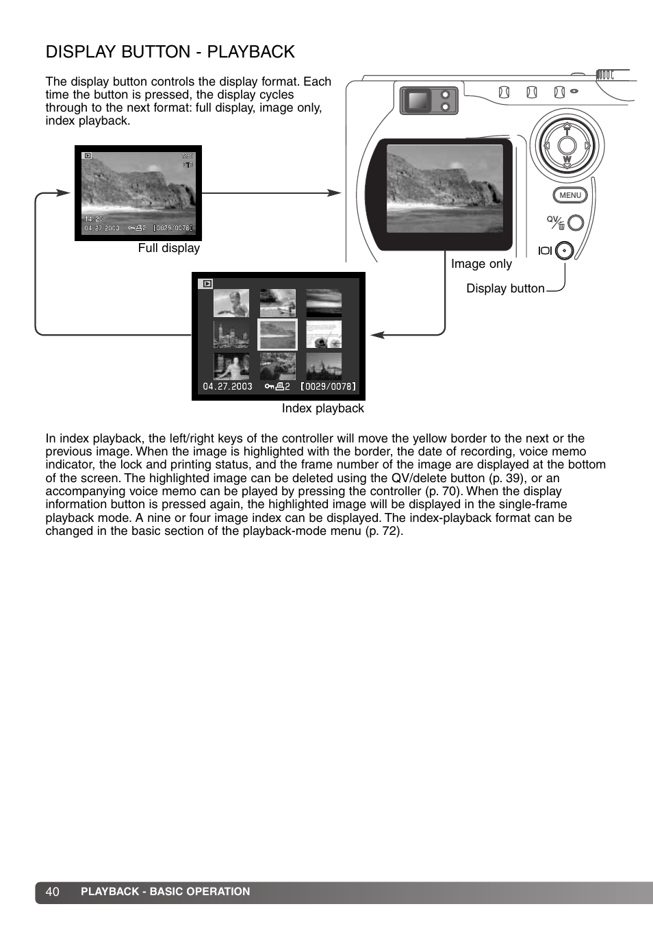 Display button - playback | Konica Minolta DiMAGE S414 User Manual | Page 40 / 112