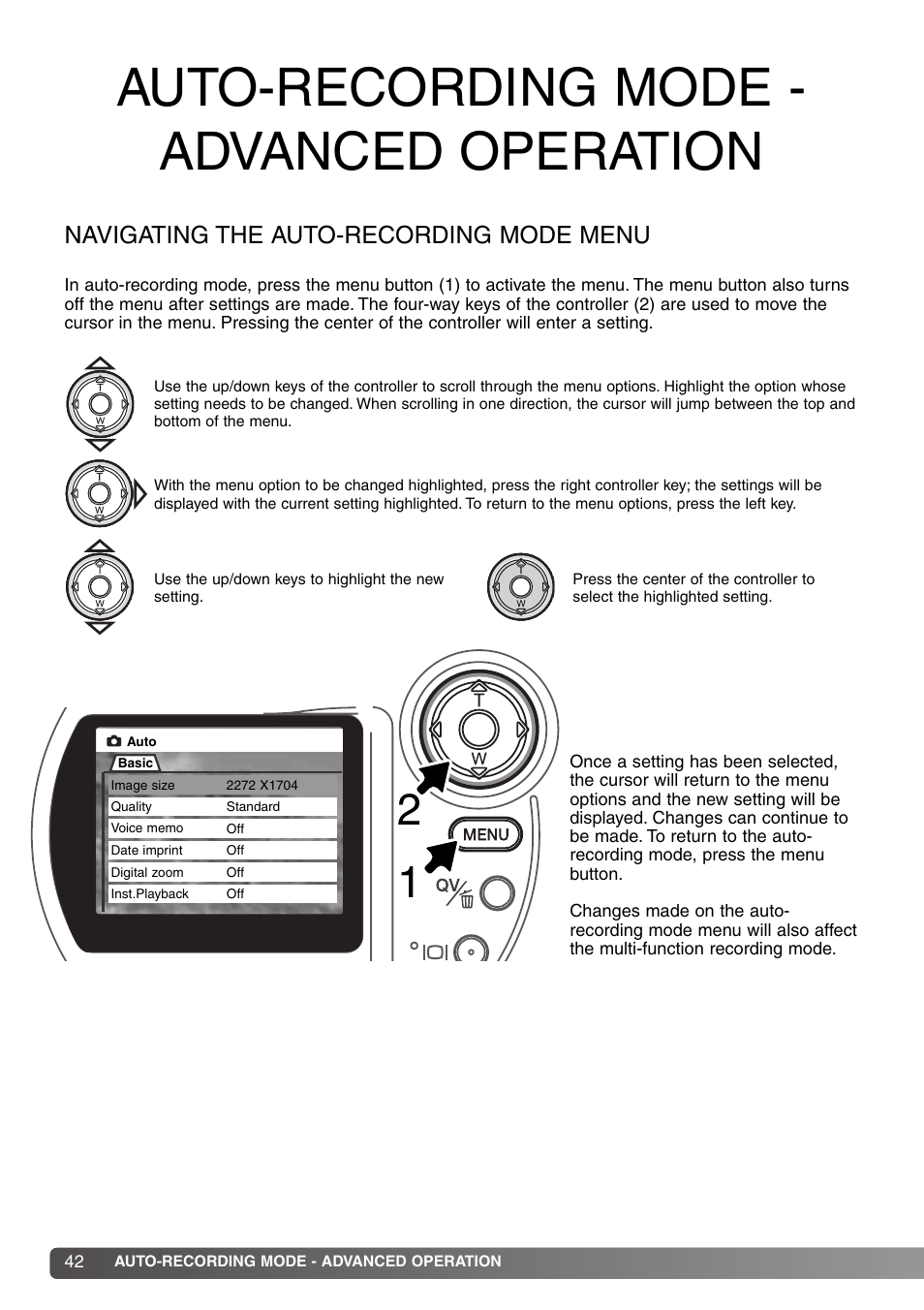 Auto-recording mode - advanced operation, Navigating the auto-recording mode menu | Konica Minolta DiMAGE S414 User Manual | Page 42 / 112