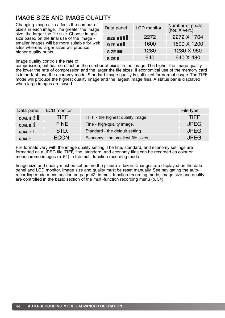 Image size and image quality | Konica Minolta DiMAGE S414 User Manual | Page 44 / 112