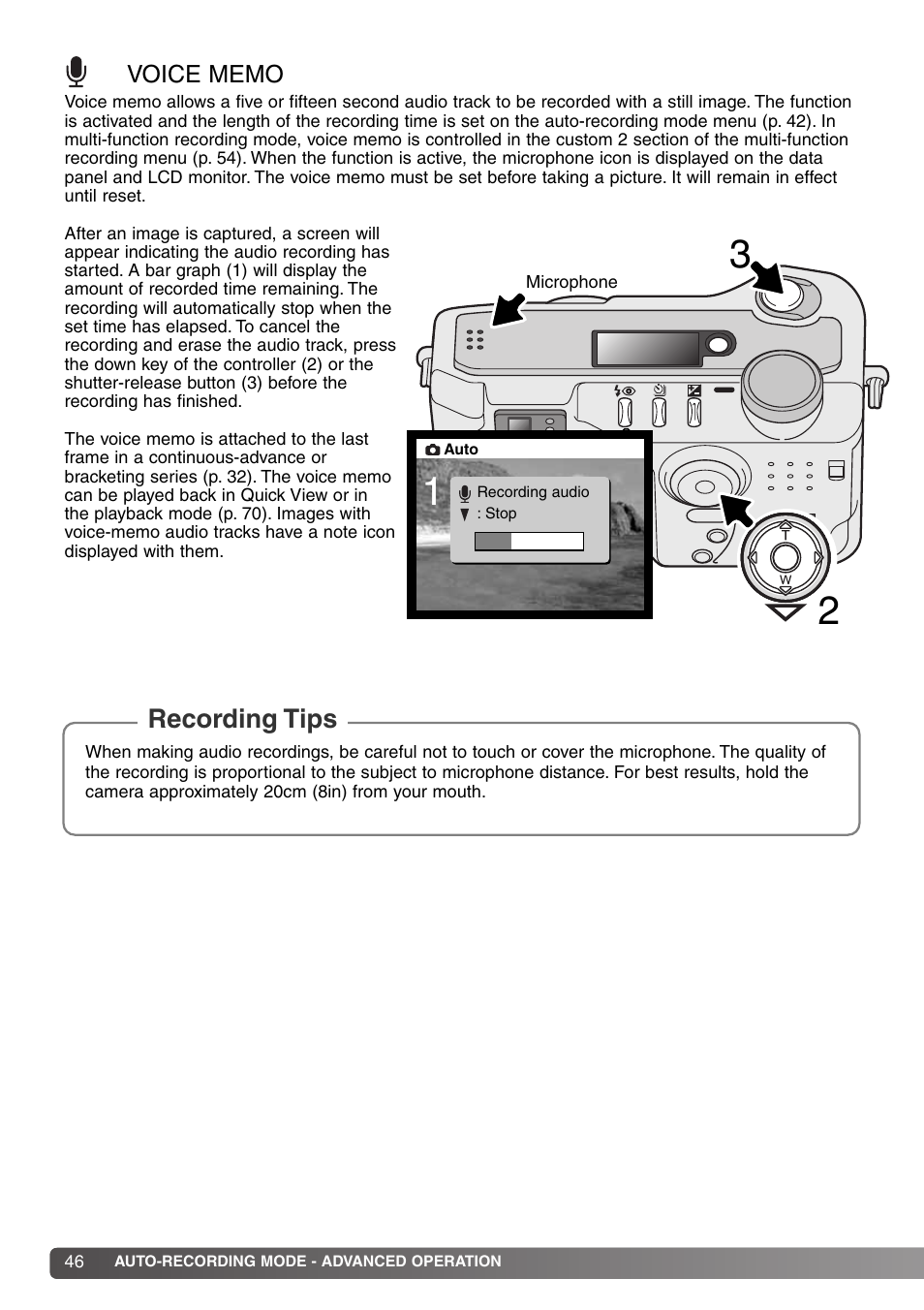 Voice memo, Recording tips | Konica Minolta DiMAGE S414 User Manual | Page 46 / 112