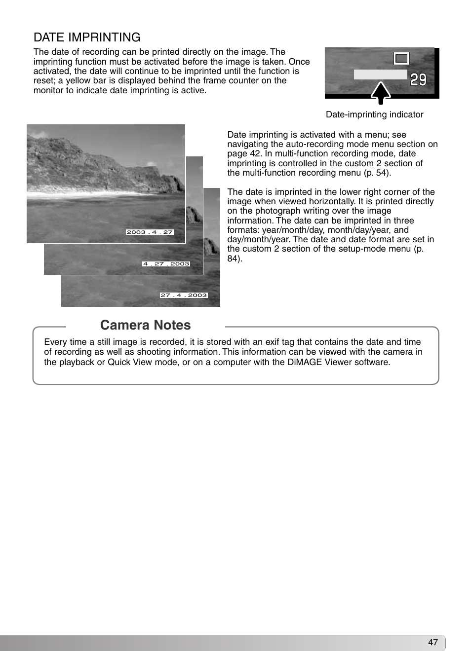 Date imprinting | Konica Minolta DiMAGE S414 User Manual | Page 47 / 112