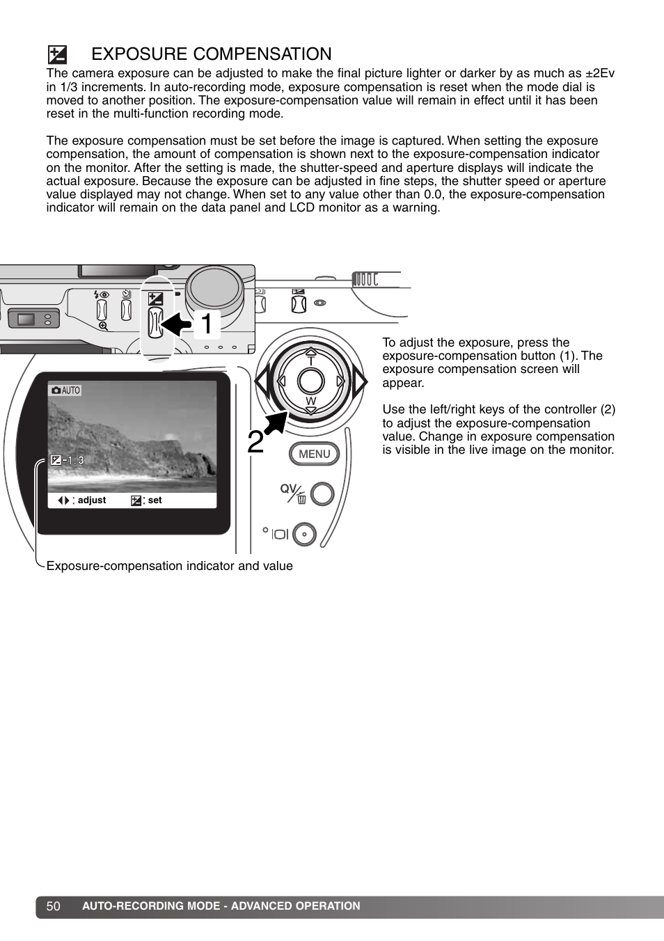 Exposure compensation | Konica Minolta DiMAGE S414 User Manual | Page 50 / 112