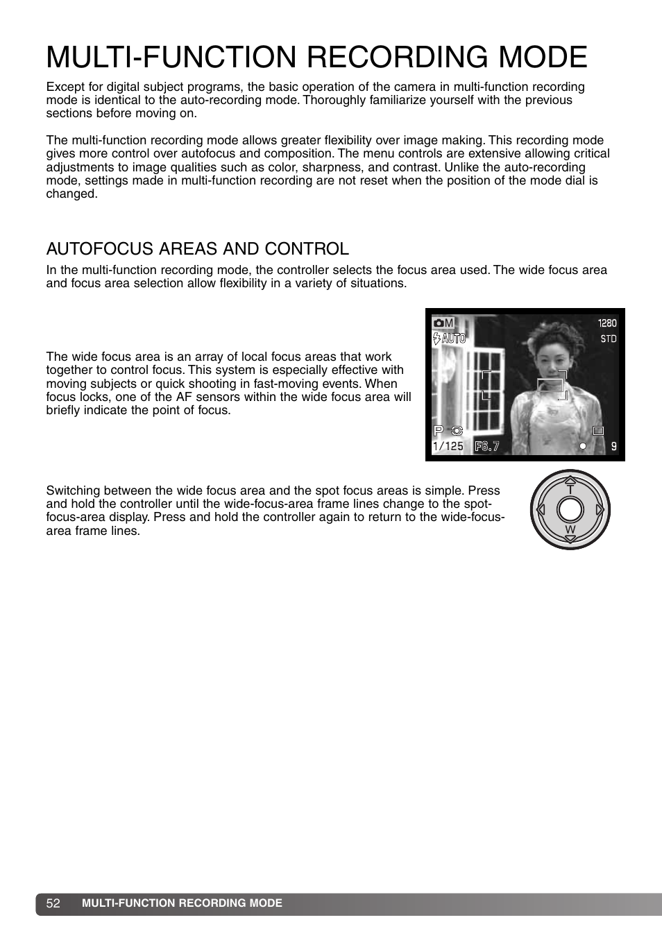 Multi-function recording mode, Autofocus areas and control | Konica Minolta DiMAGE S414 User Manual | Page 52 / 112