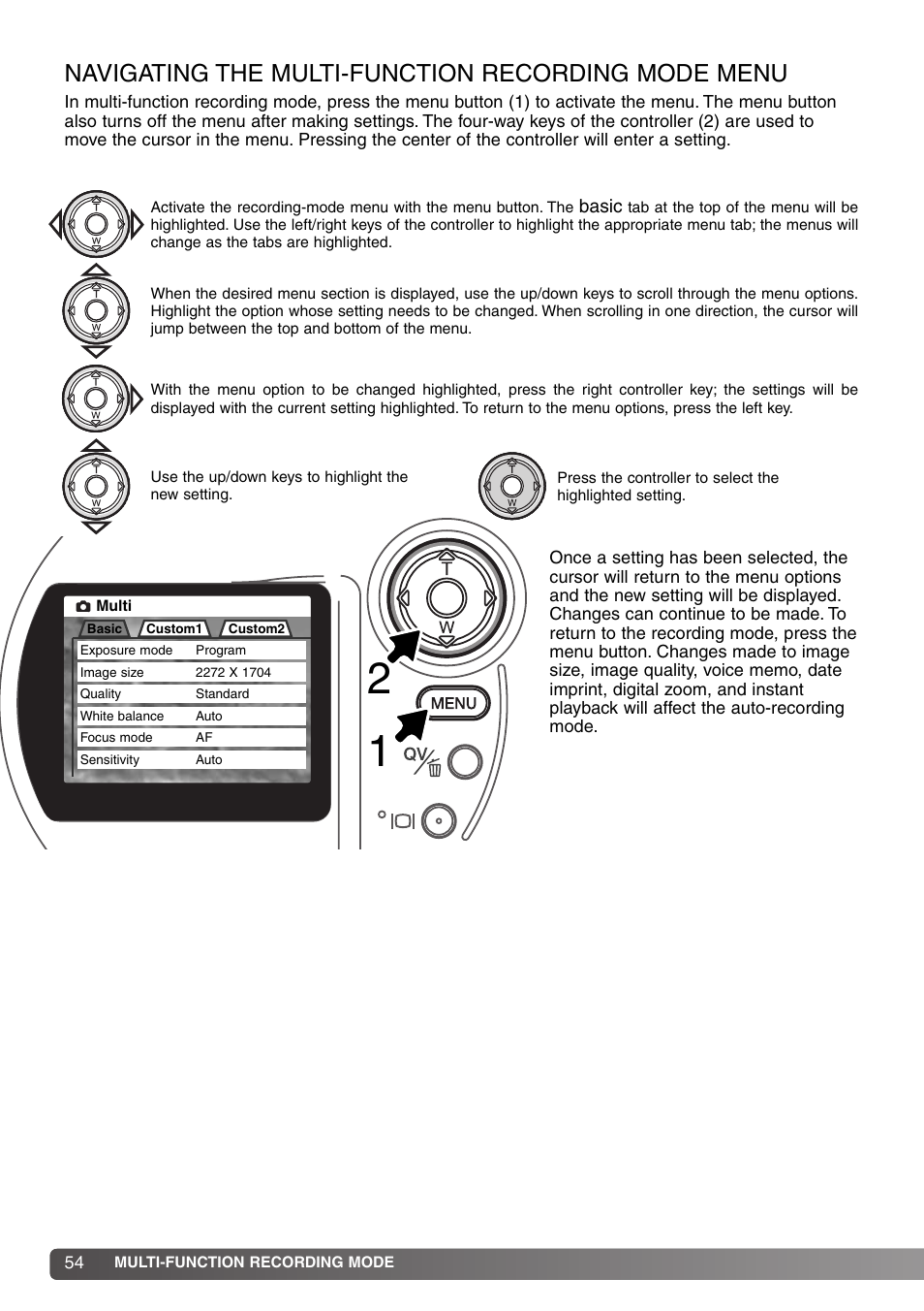 Navigating the multi-function recording mode menu | Konica Minolta DiMAGE S414 User Manual | Page 54 / 112