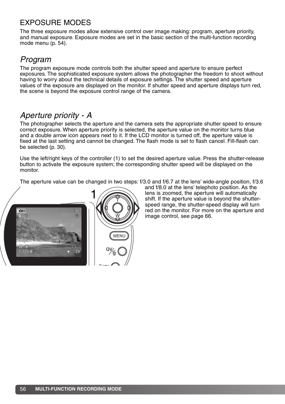 Exposure modes, Program aperture priority - a, Program | Aperture priority - a | Konica Minolta DiMAGE S414 User Manual | Page 56 / 112