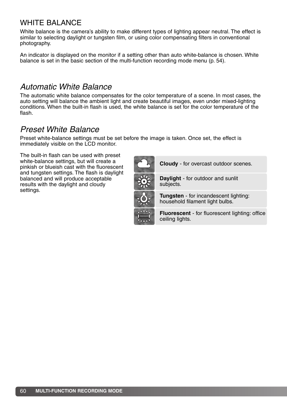 White balance, Automatic white balance preset white balance | Konica Minolta DiMAGE S414 User Manual | Page 60 / 112
