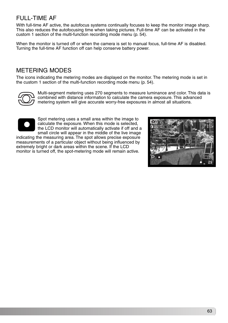 Full-time af metering modes, Metering modes full-time af | Konica Minolta DiMAGE S414 User Manual | Page 63 / 112