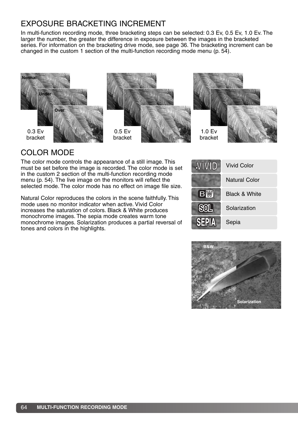 Exposure bracketing increment color mode, Exposure bracketing increment, Color mode | Konica Minolta DiMAGE S414 User Manual | Page 64 / 112