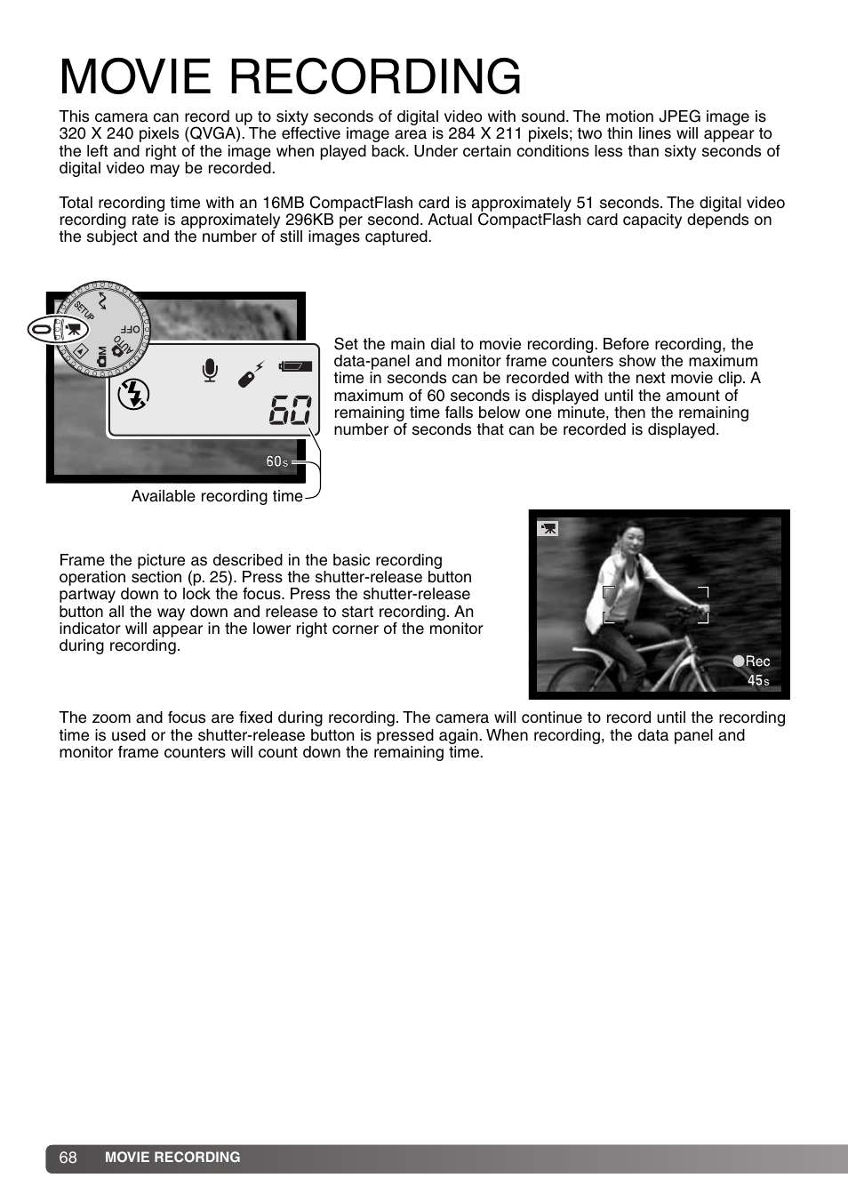 Movie recording | Konica Minolta DiMAGE S414 User Manual | Page 68 / 112