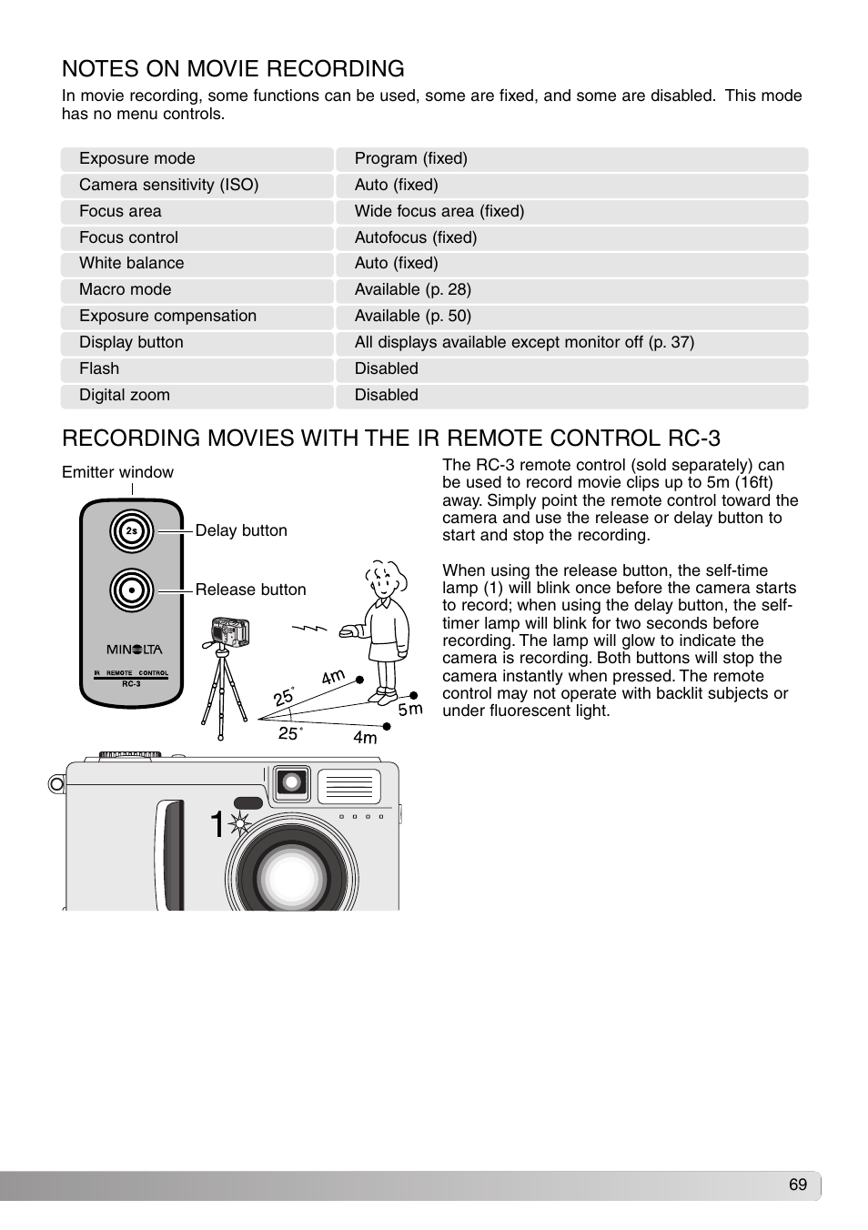 Recording movies with the ir remote control rc-3 | Konica Minolta DiMAGE S414 User Manual | Page 69 / 112