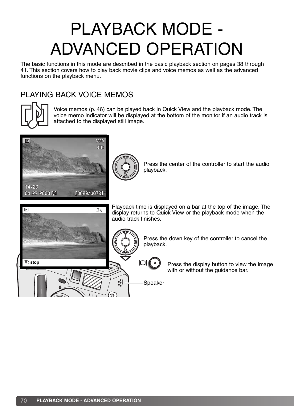 Playback mode - advanced operation, Playing back voice memos | Konica Minolta DiMAGE S414 User Manual | Page 70 / 112