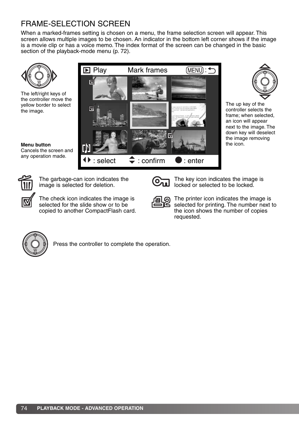 Frame-selection screen | Konica Minolta DiMAGE S414 User Manual | Page 74 / 112