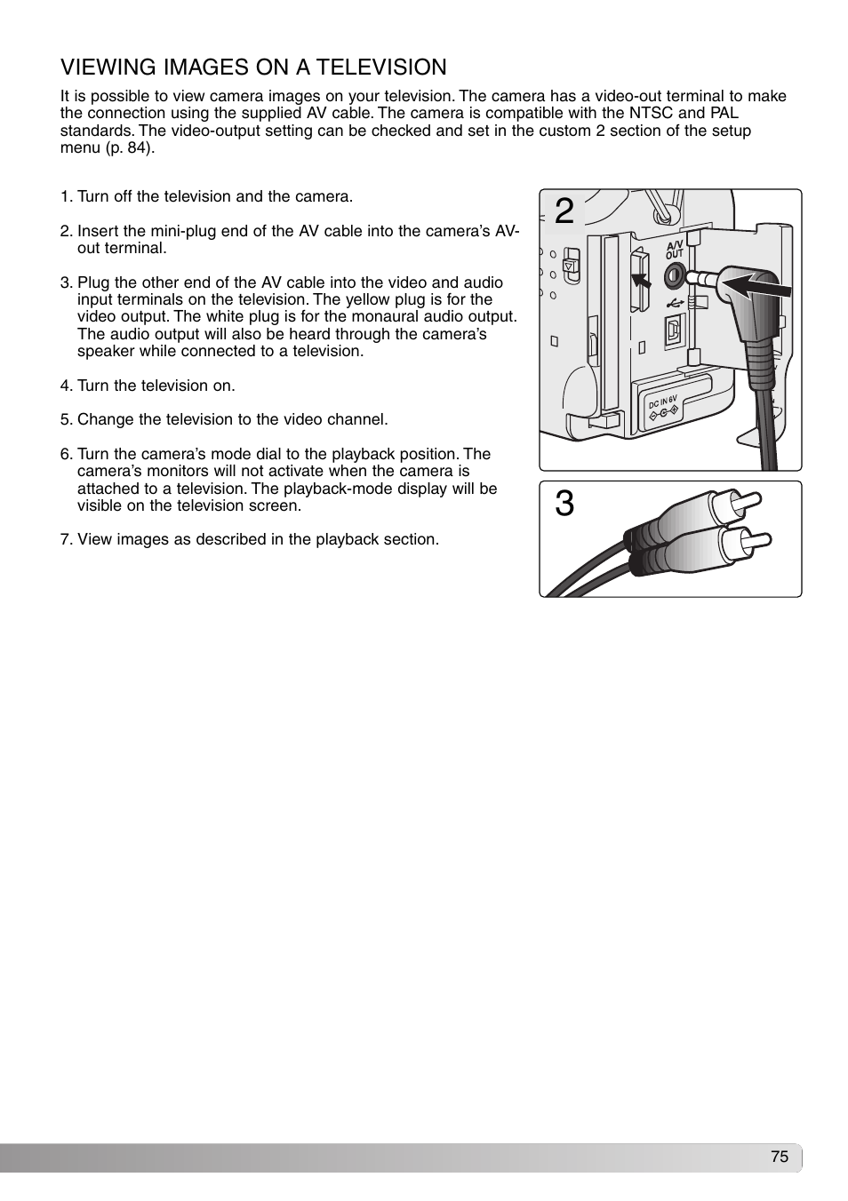 Viewing images on a television | Konica Minolta DiMAGE S414 User Manual | Page 75 / 112