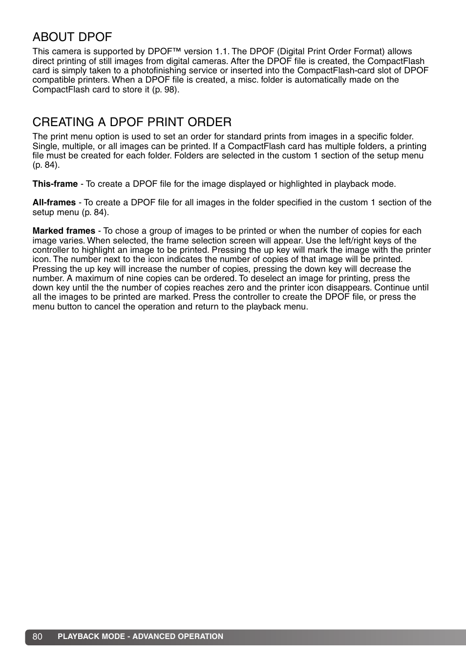 About dpof creating a dpof print order, About dpof, Creating a dpof print order | Konica Minolta DiMAGE S414 User Manual | Page 80 / 112
