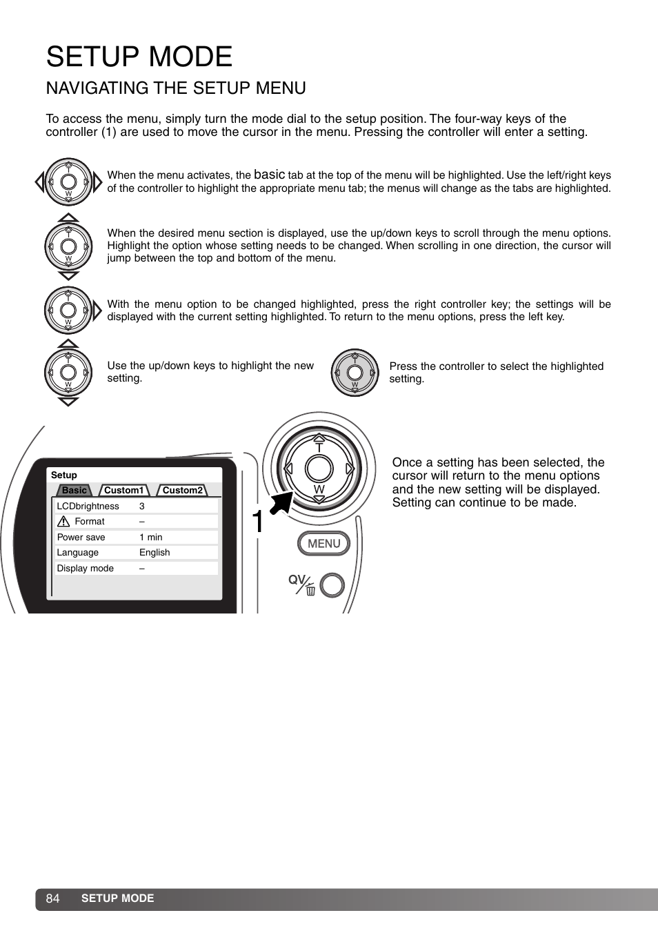 Setup mode, Navigating the setup menu | Konica Minolta DiMAGE S414 User Manual | Page 84 / 112