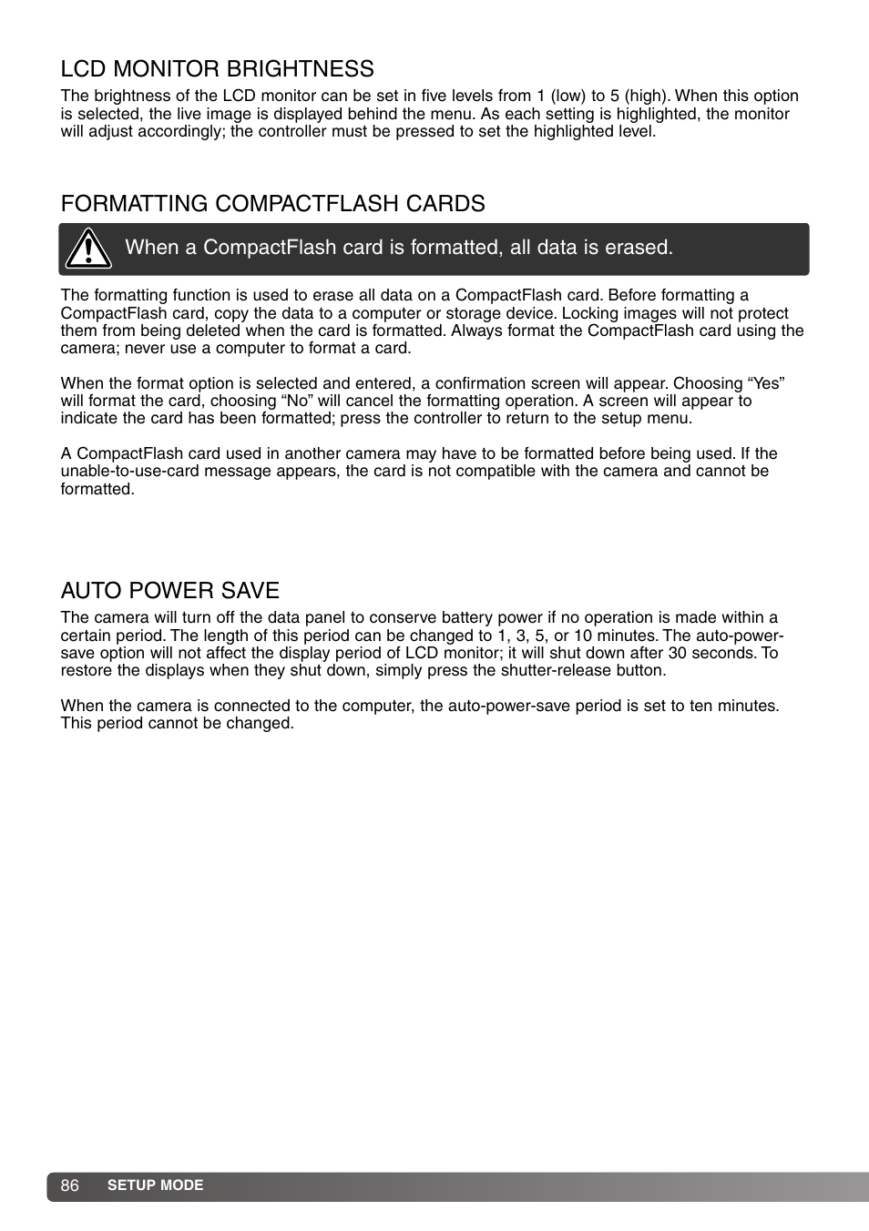 Lcd monitor brightness, Formatting compactflash cards, Auto power save | Konica Minolta DiMAGE S414 User Manual | Page 86 / 112