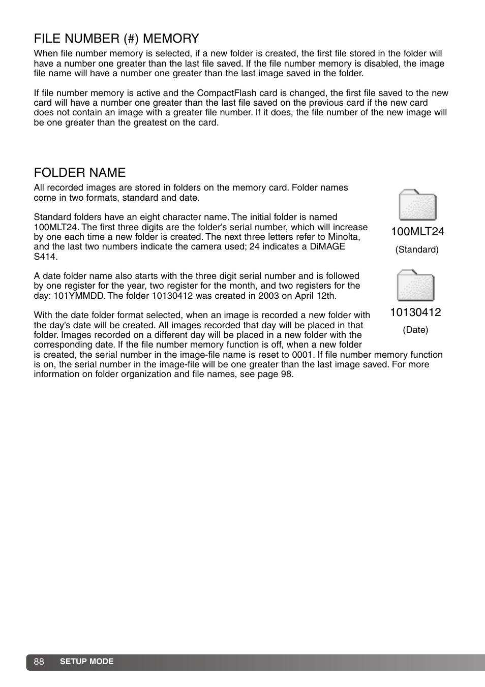 File number (#) memory folder name, Folder name | Konica Minolta DiMAGE S414 User Manual | Page 88 / 112