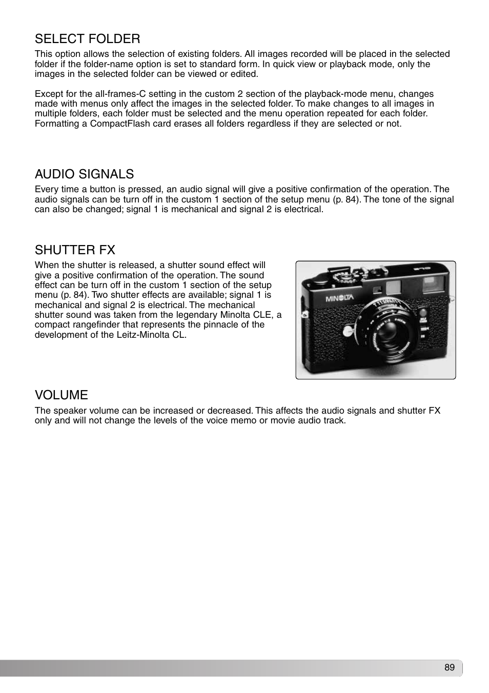 Select folder audio signals shutter fx volume, Select folder, Volume | Audio signals, Shutter fx | Konica Minolta DiMAGE S414 User Manual | Page 89 / 112