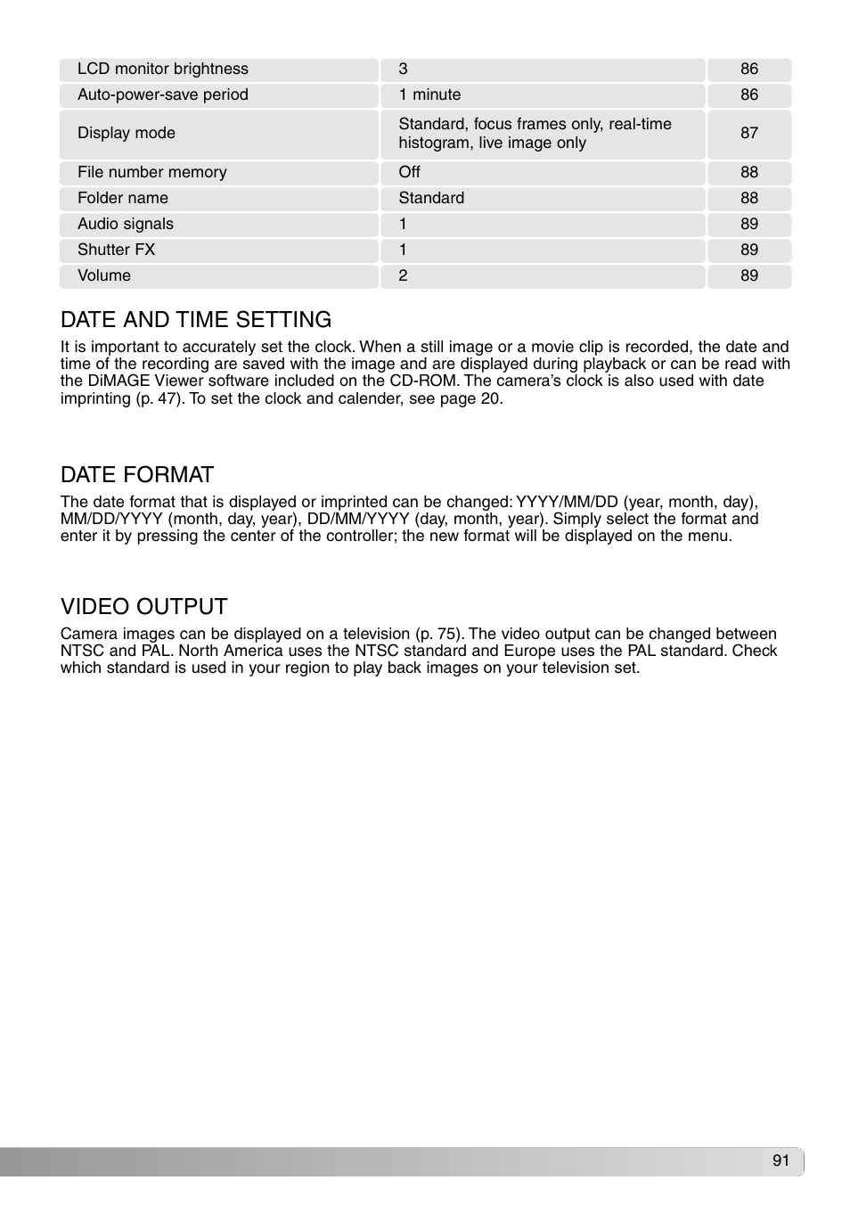 Date and time setting date format video output, Date and time setting, Date format | Video output | Konica Minolta DiMAGE S414 User Manual | Page 91 / 112