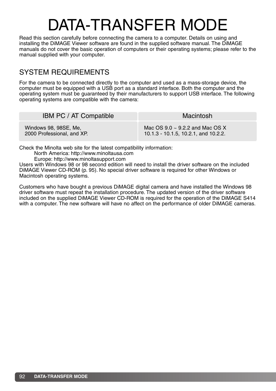 Data-transfer mode, System requirements | Konica Minolta DiMAGE S414 User Manual | Page 92 / 112