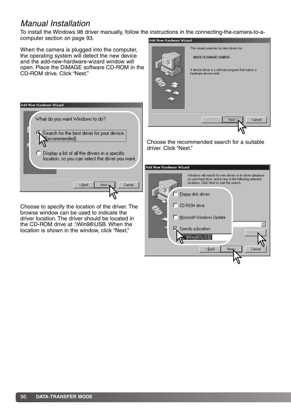 Manual installation | Konica Minolta DiMAGE S414 User Manual | Page 96 / 112