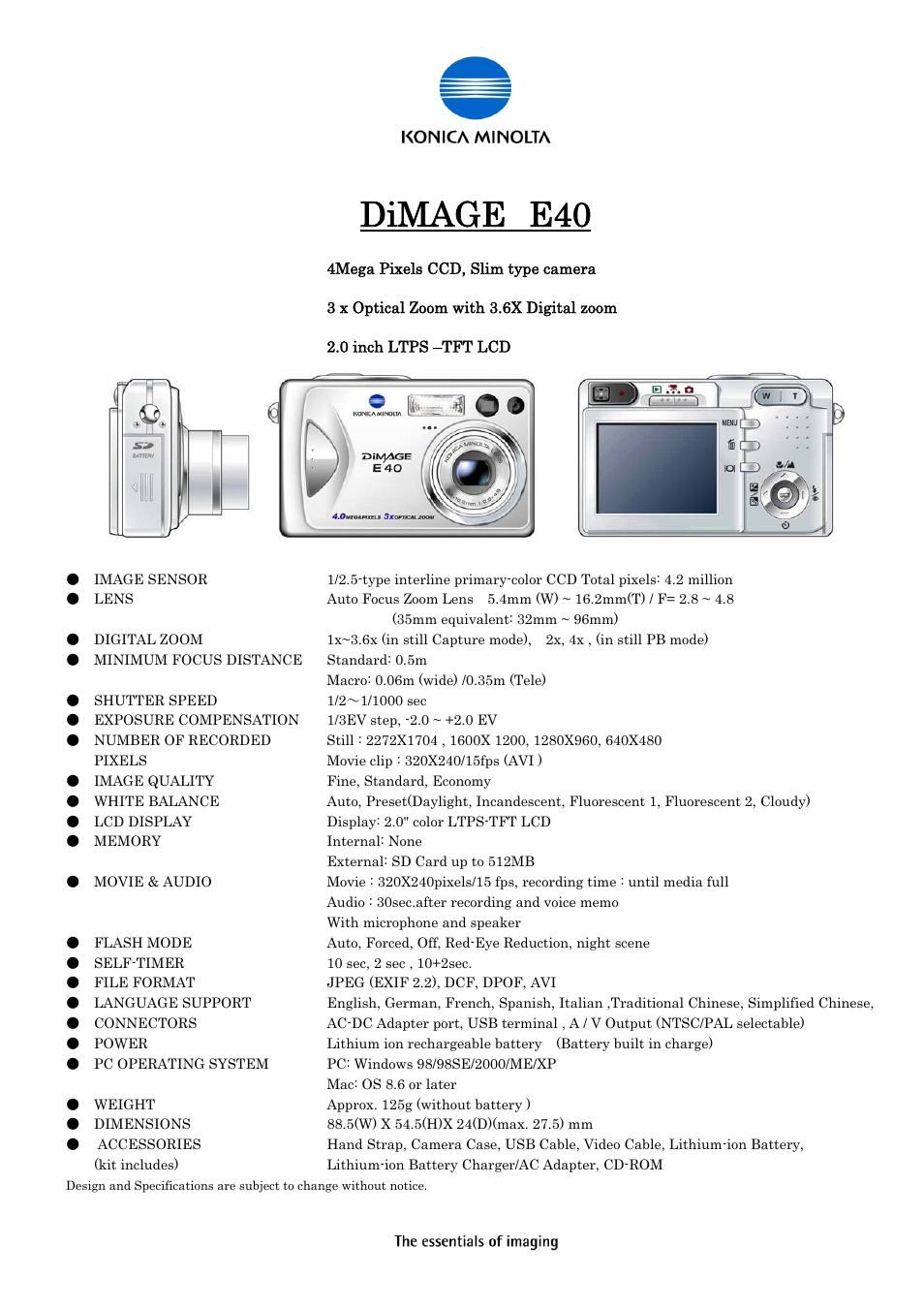 Konica Minolta DiMAGE E40 User Manual | 1 page