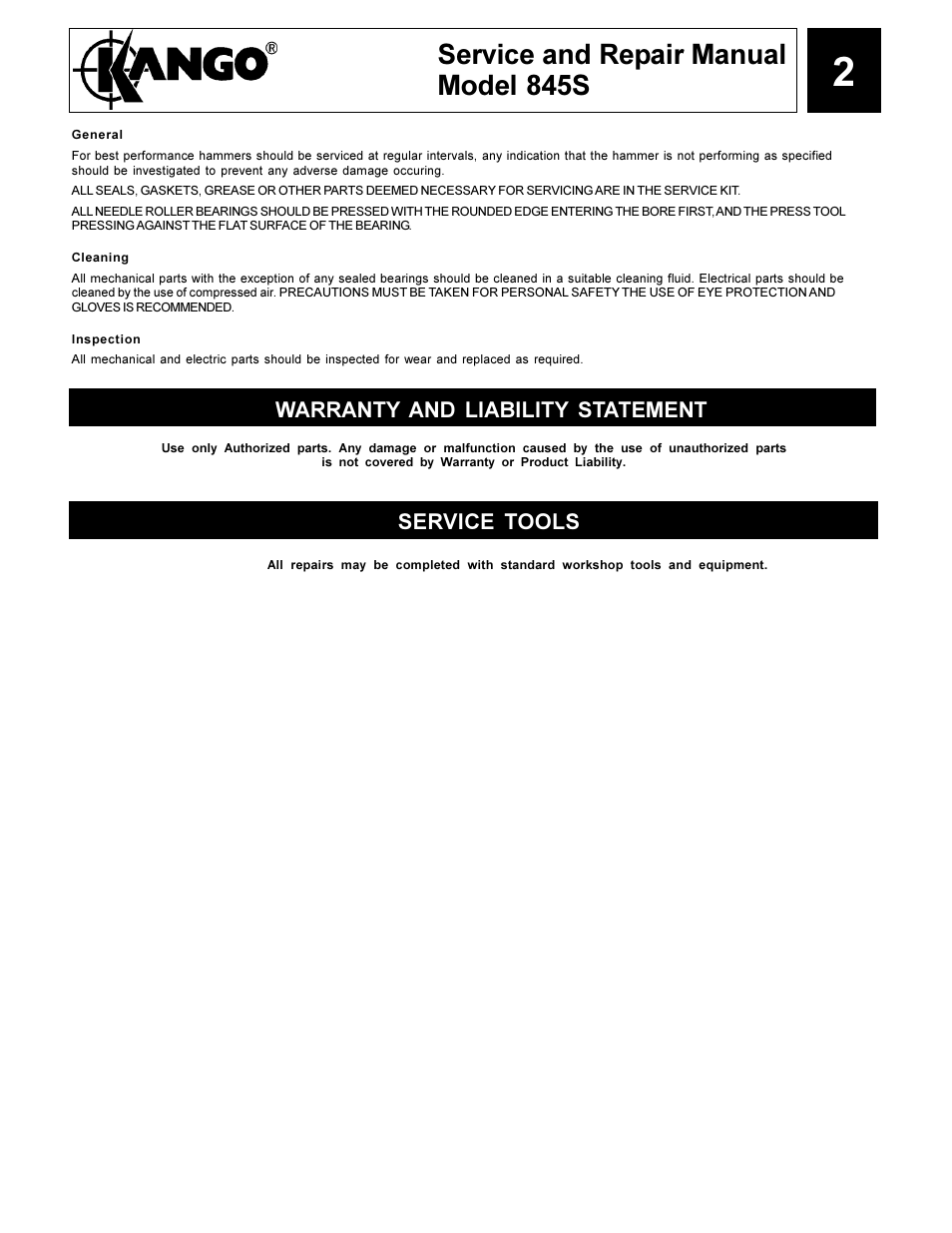 Service and repair manual model 845s, Warranty and liability statement, Service tools | Kangol 845S User Manual | Page 2 / 10