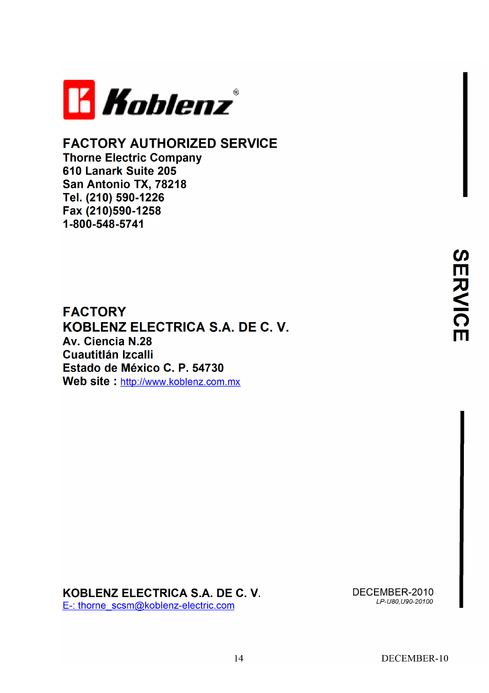 Koblenz/Thorne Electric UPRIGHT U-90 User Manual | Page 14 / 14